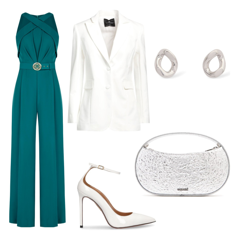 Outfit donna - Tuta verde. Stile Bon Ton per Cerimonia. Abbinamento con blazer, tute, borse a mano, décolleté, orecchini.