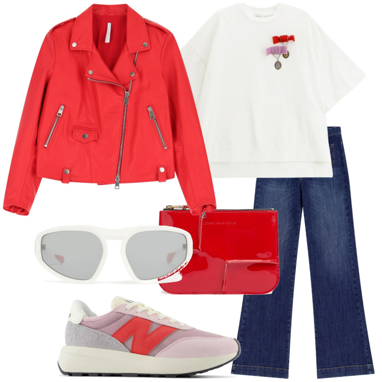 Outfit donna - Total look #2167853. Stile Trendy per Tutti i giorni. Abbinamento con sneakers, giacche, jeans a zampa, t-shirt, occhiali da sole, portafogli.