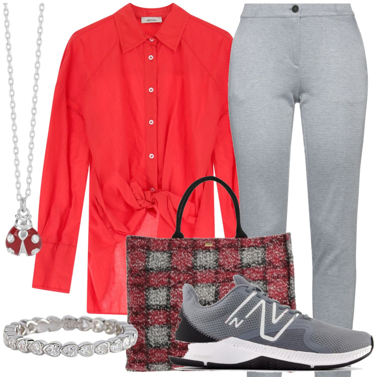 Outfit donna - City. Stile Casual per Tutti i giorni. Abbinamento con pantaloni, borse a mano, anelli, collane, sneakers, camicie.