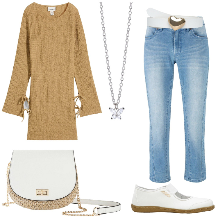 Outfit donna - Beige e jeans. Stile Casual per Tutti i giorni. Abbinamento con ballerine, borse a tracolla, jeans, vestiti corti, cinture, collane.