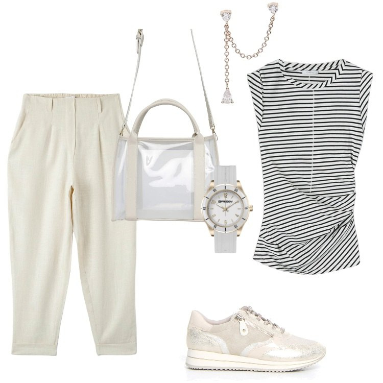 Outfit donna - Total look #2167860. Stile Casual per Tutti i giorni. Abbinamento con borse tote, pantaloni chino, orecchini, orologi, top, sneakers.