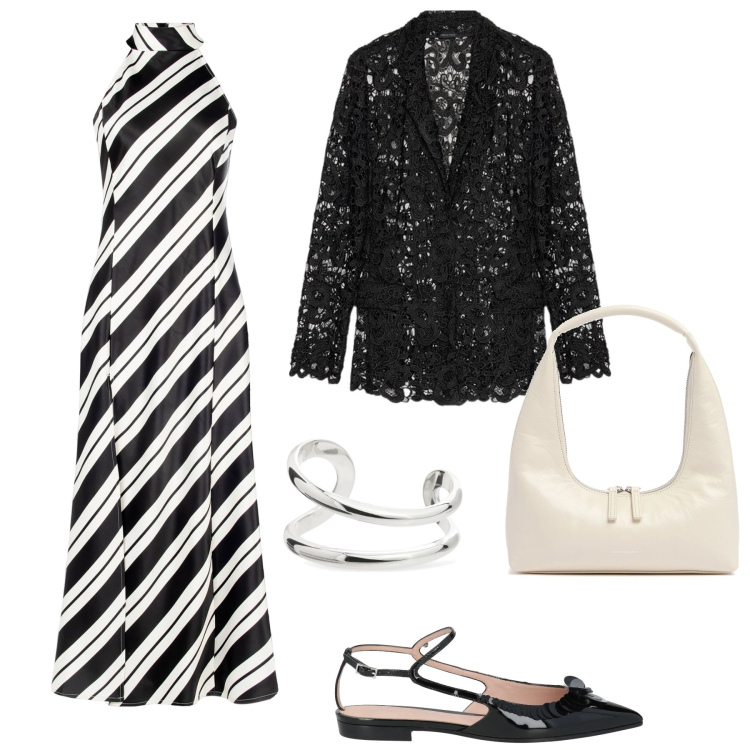 Outfit donna - Soire con abito lungo a righe. Stile Bon Ton per Serata fuori. Abbinamento con ballerine, vestiti, blazer, braccialetti, borse a spalla.