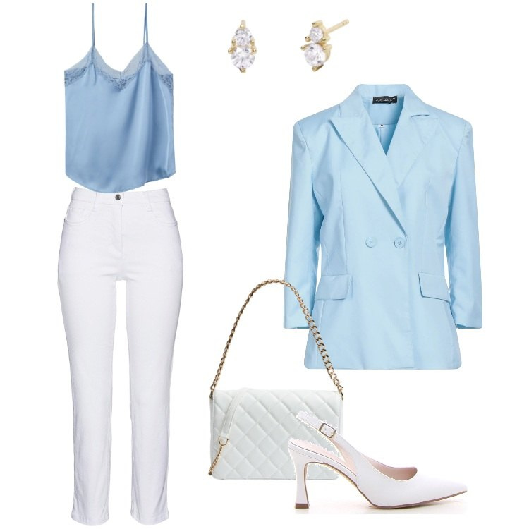 Outfit donna - Total look #2167865. Stile Casual per Cerimonia. Abbinamento con pantaloni, blazer, top, borse a tracolla, orecchini, décolleté.