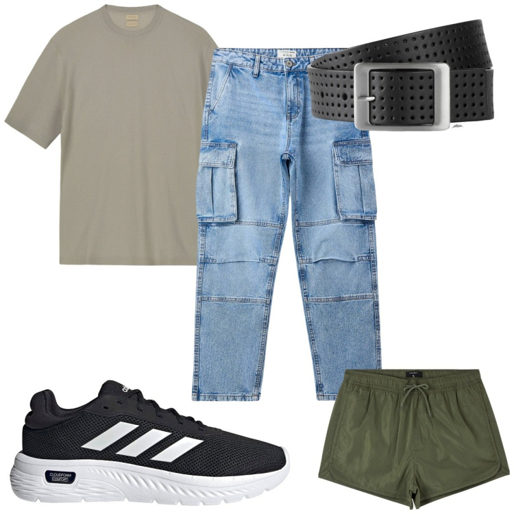 Outfit uomo - Total look #2167891. Stile Trendy per Mare. Abbinamento con cinture, costumi, jeans, sneakers, t-shirt.