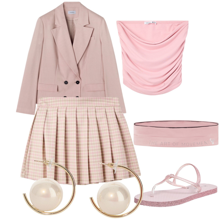 Outfit donna - Pink power. Stile Trendy per Ufficio. Abbinamento con sandali, minigonne, top, orecchini, marsupi, blazer.