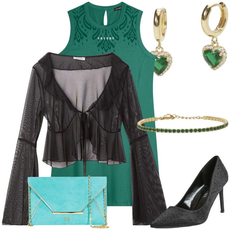 Outfit donna - Verde smeraldo. Stile Glamour per Serata fuori. Abbinamento con bolero, décolleté, orecchini, braccialetti, pochette, vestiti midi/longuette.