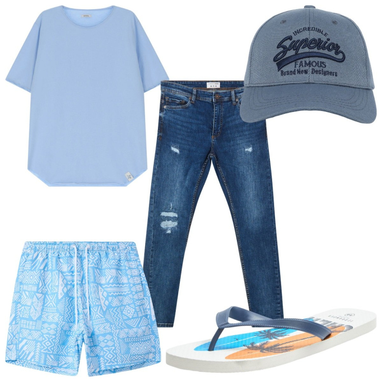 Outfit uomo - Total look #2167898. Stile Trendy per Mare. Abbinamento con sandali, cappelli con visiera, jeans strappati, costumi, t-shirt.