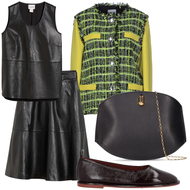 Outfit donna - Ufficio un po’ rock ed originale. Stile Urban per Ufficio. Abbinamento con gonne, canottiere, blazer, ballerine, borse a spalla.
