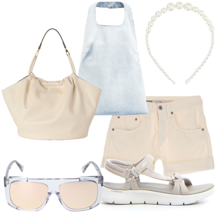 Outfit donna - L estate è nell aria. Stile Casual chic per Tutti i giorni. Abbinamento con canottiere, shorts, cerchietti, sandali, occhiali da sole, borse a secchiello.