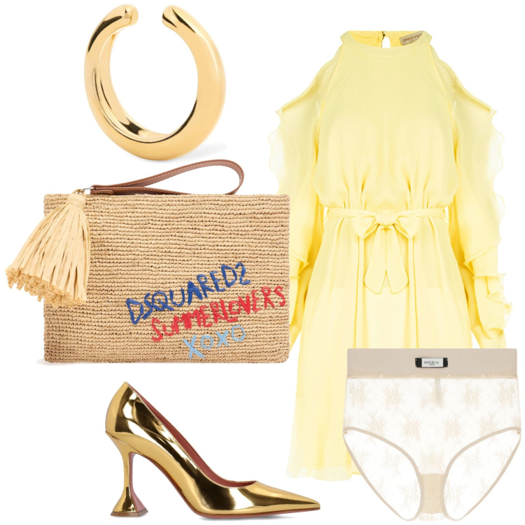Outfit donna - Gold. Stile Glamour per Cerimonia. Abbinamento con slip, vestiti corti, orecchini, pochette, décolleté.