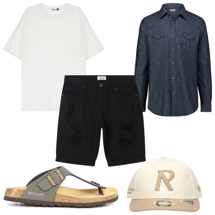 Outfit uomo - Total look #2167909. Stile Trendy per Tutti i giorni. Abbinamento con bermuda, t-shirt, camicie, cappelli, sandali.