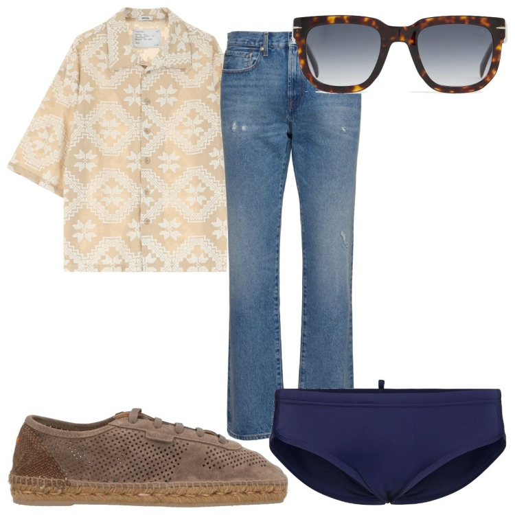 Outfit uomo - Total look #2167910. Stile Trendy per Mare. Abbinamento con espadrillas, camicie a manica corta, occhiali da sole, jeans, costumi.