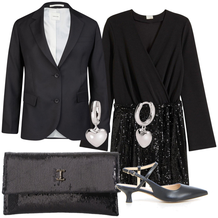 Outfit donna - Ristorante elegante. Stile Glamour per Serata fuori. Abbinamento con tute, orecchini, borse a tracolla, blazer, décolleté.