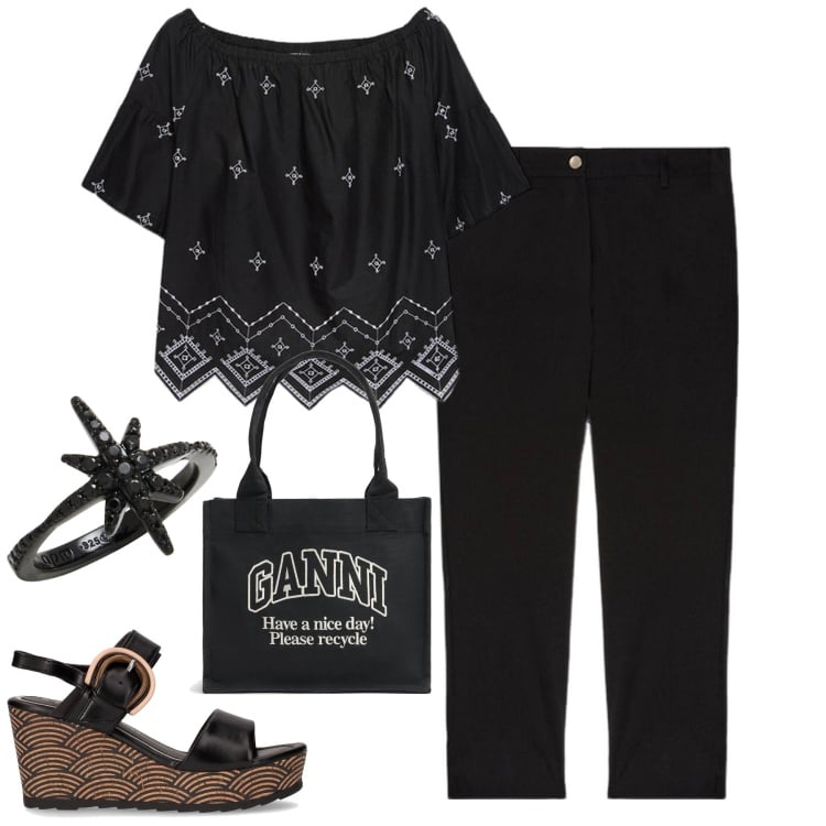 Outfit donna - New day. Stile Minimal per Tutti i giorni. Abbinamento con anelli, bluse, pantaloni chino, sandali col tacco, shopping bag.