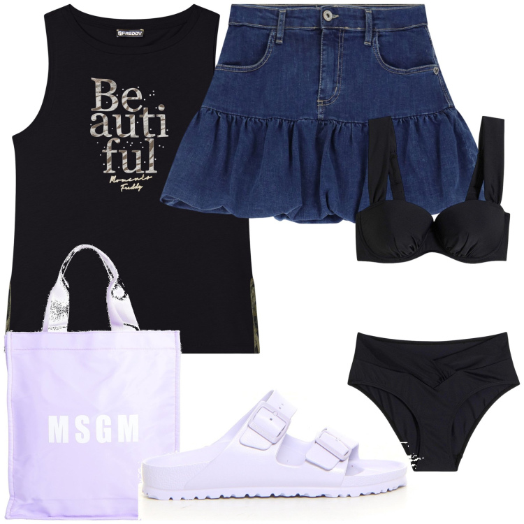 Outfit donna - Beautiful lilla. Stile Glamour per Mare. Abbinamento con bikini, borse a mano, minigonne, canottiere, ciabatte.