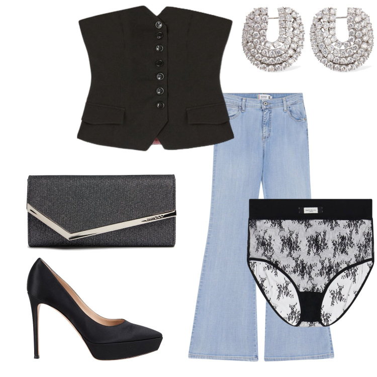 Outfit donna - Trendy jeans. Stile Sexy per Serata fuori. Abbinamento con décolleté, jeans a zampa, slip, pochette, top, orecchini.