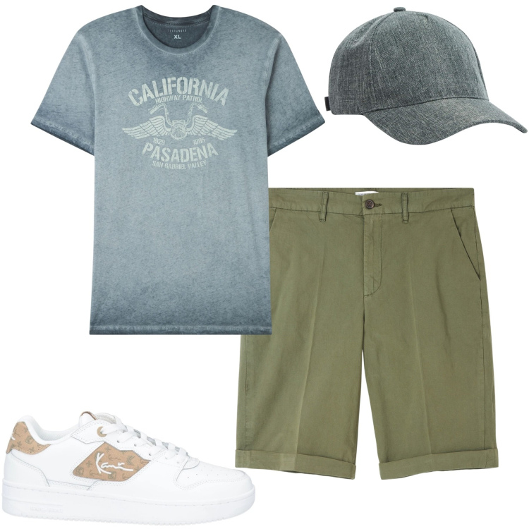 Outfit uomo - Weekend. Stile Casual per Tutti i giorni. Abbinamento con sneakers, bermuda, t-shirt, cappelli.