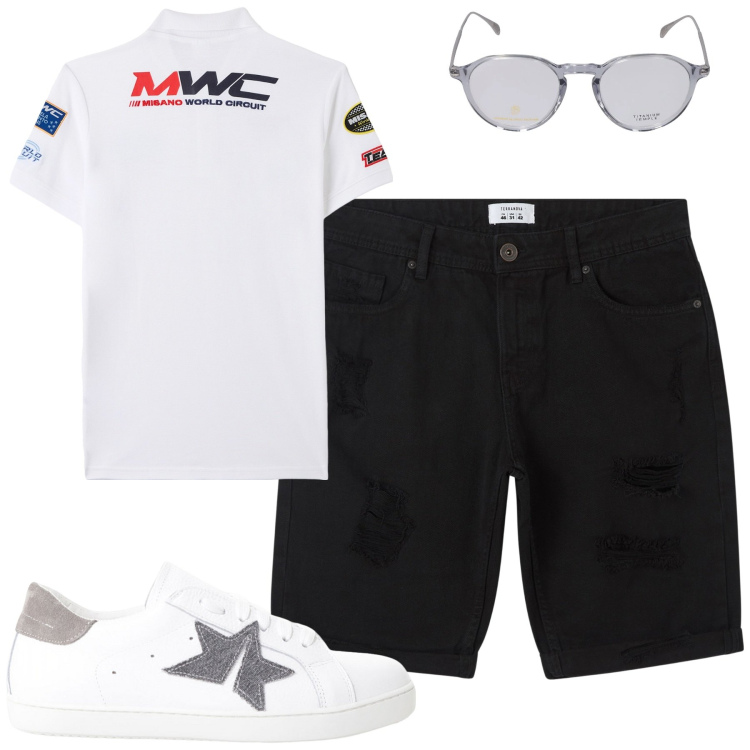 Outfit uomo - Maggio. Stile Casual per Tutti i giorni. Abbinamento con polo, bermuda, sneakers, occhiali da sole.