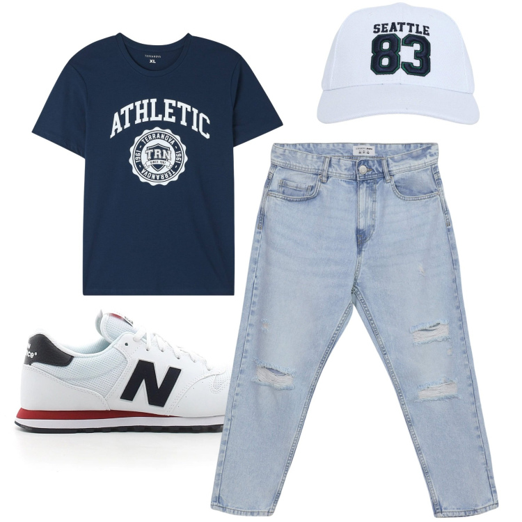 Outfit uomo - City. Stile Casual per Tutti i giorni. Abbinamento con t-shirt, cappelli, jeans strappati, sneakers.