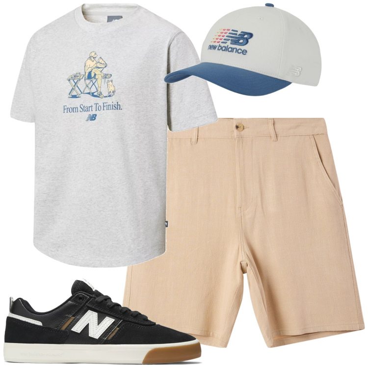 Outfit uomo - Al parco. Stile Casual per Tutti i giorni. Abbinamento con pantaloni corti, t-shirt, cappelli, sneakers.