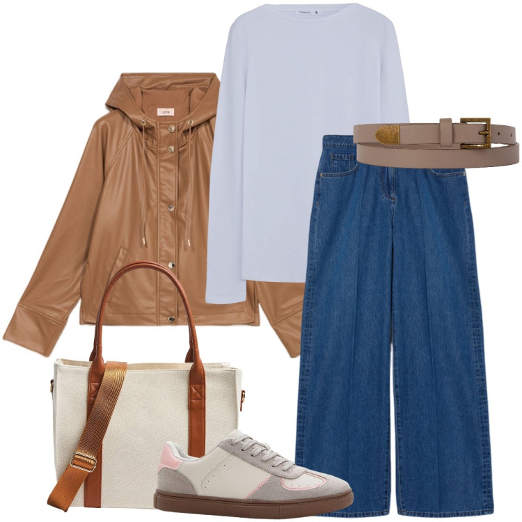Outfit donna - Nuvole in cielo. Stile Basic per Tutti i giorni. Abbinamento con sneakers, shopping bag, t-shirt, cinture, jeans, blazer.