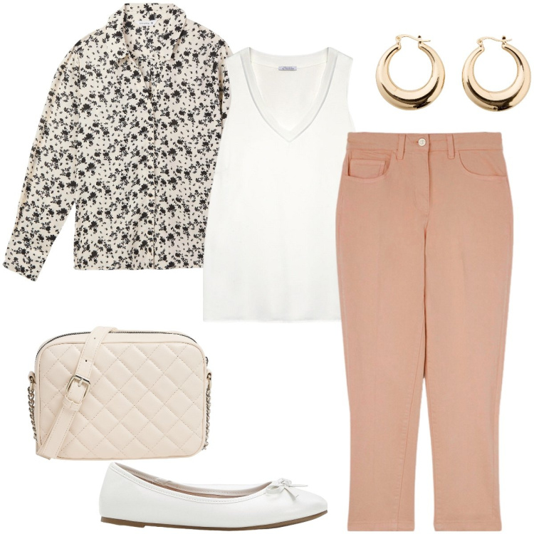 Outfit donna - Le ballerine bianche. Stile Casual chic per Ufficio. Abbinamento con ballerine, orecchini, camicie, borse a tracolla, top, pantaloni.