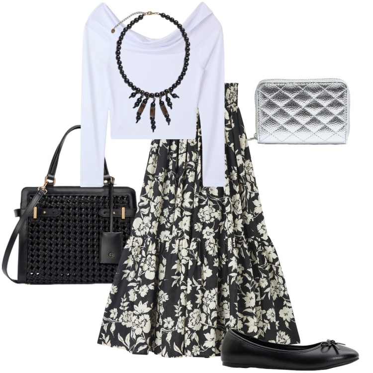 Outfit donna - La gonna a fiori. Stile Romantica per Ufficio. Abbinamento con ballerine, gonne lunghe, t-shirt, portafogli, borse a mano, collane.