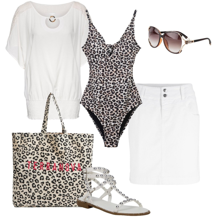Outfit donna - Un po’ di leopardato. Stile Sexy per Mare. Abbinamento con minigonne, bluse, occhiali da sole, sandali, shopping bag, costumi interi.