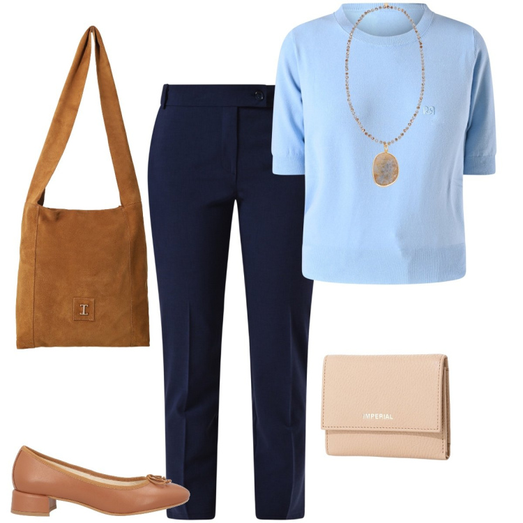 Outfit donna - In uffIcio. Stile Bon Ton per Ufficio. Abbinamento con ballerine, portafogli, borse a tracolla, pantaloni, maglieria, ciondoli.