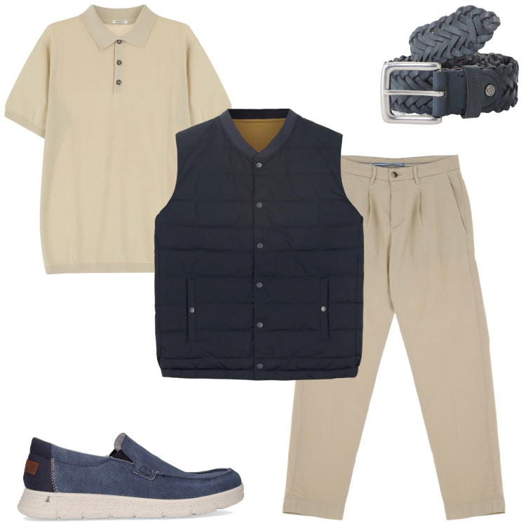 Outfit uomo - In città. Stile Urban per Tutti i giorni. Abbinamento con pantaloni chino, cinture, polo, gilet, scarpe stringate.