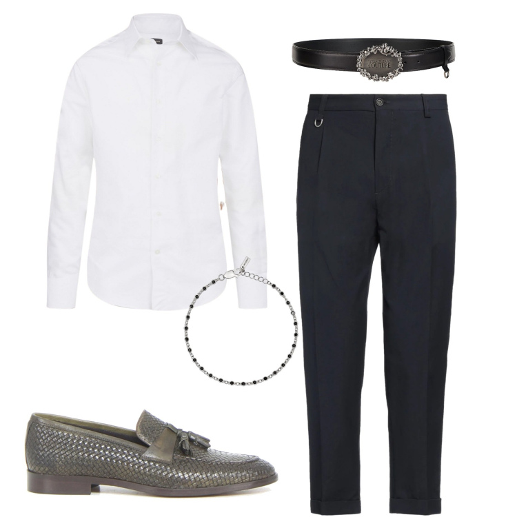 Outfit uomo - Cerimonia informale. Stile Business/Elegante per Cerimonia. Abbinamento con pantaloni, cinture, braccialetti, camicie, scarpe stringate.