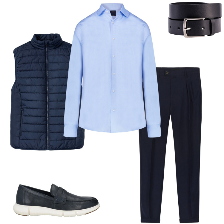 Outfit uomo - In ufficio. Stile Business/Elegante per Ufficio. Abbinamento con gilet, scarpe stringate, camicie, pantaloni, cinture.