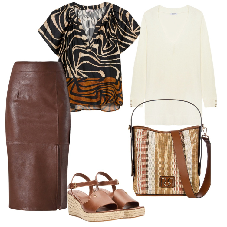 Outfit donna - Incontro con amici. per Tutti i giorni. Abbinamento con borse a secchiello, gonne longuette, maglieria, zeppe, bluse.
