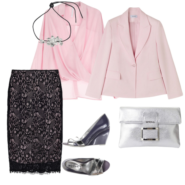 Outfit donna - Cerimonia in comune. per Cerimonia. Abbinamento con décolleté, bluse, pochette, collane, gonne longuette, blazer.