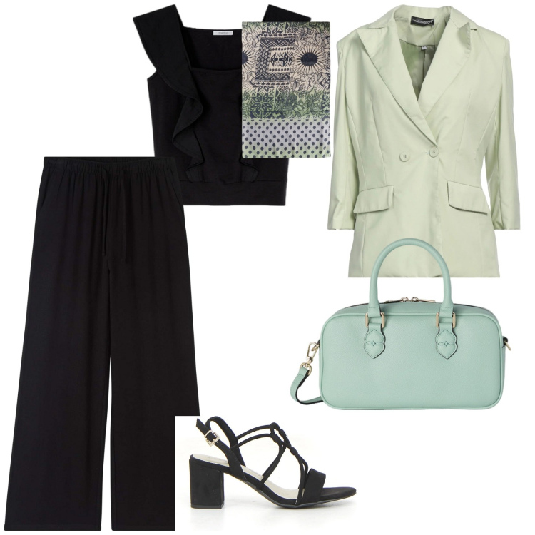 Outfit donna - Colloquio di lavoro. per Ufficio. Abbinamento con blazer, pantaloni, stole, borse a mano, sandali col tacco, top.