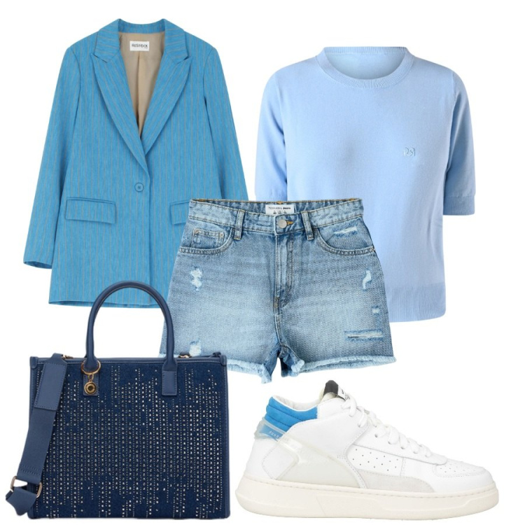 Outfit donna - Shorts. Stile Trendy per Tutti i giorni. Abbinamento con sneakers alte, shorts, maglieria, blazer, borse a mano.