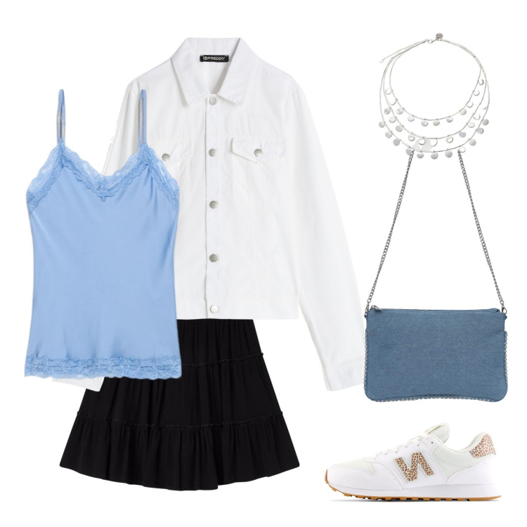 Outfit donna - Nuvole e istinto. Stile Casual per Tutti i giorni. Abbinamento con borse a tracolla, minigonne, ciondoli, blazer, top, sneakers.