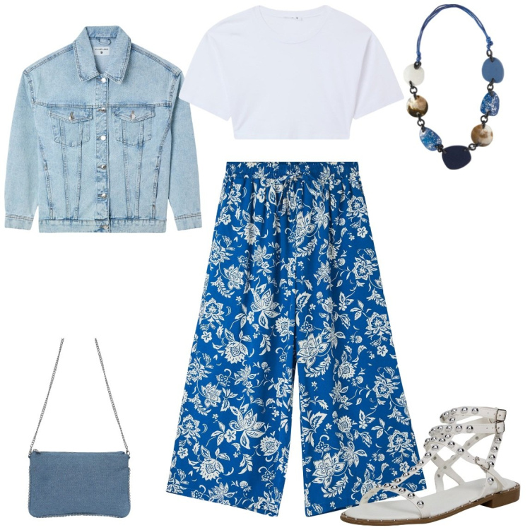 Outfit donna - La T-shirt. Stile Casual per Tutti i giorni. Abbinamento con t-shirt, pantaloni a palazzo, borse a tracolla, sandali, cappotti, collane.