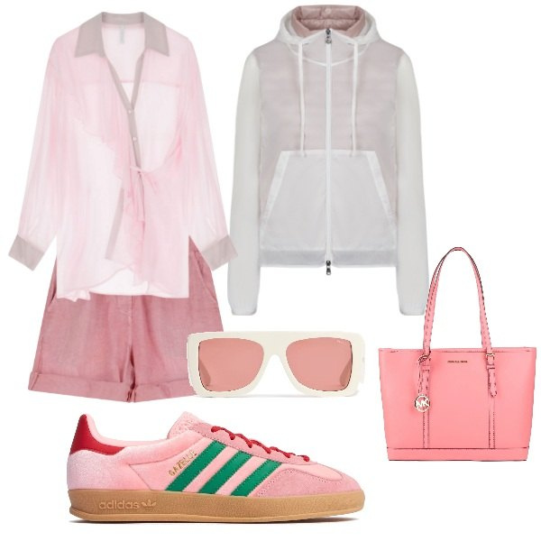 Outfit donna - un giro sotto la pioggia. Stile Urban per Tutti i giorni. Abbinamento con borse a spalla, shorts, camicie, blazer, sneakers, occhiali da sole.