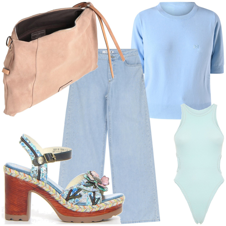 Outfit donna - Il sandalo particolare al mare. Stile Trendy per Mare. Abbinamento con borse a tracolla, maglieria, jeans, sandali col tacco, costumi interi.