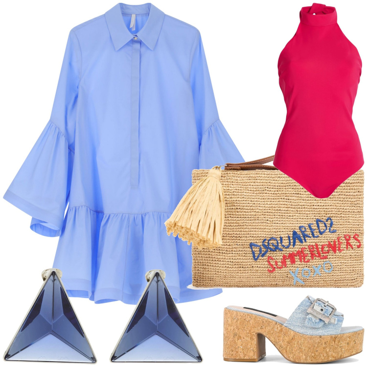 Outfit donna - Matrimonio sulla spiaggia. Stile Glamour per Cerimonia. Abbinamento con body, orecchini, vestiti chemisier, sandali, pochette.