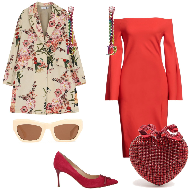 Outfit donna - Classica cerimonia. Stile Chic per Cerimonia. Abbinamento con vestiti midi/longuette, décolleté, orecchini, trench, occhiali da sole, pochette.