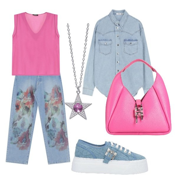 Outfit donna - in jeans. Stile Urban per Tutti i giorni. Abbinamento con borse a mano, sneakers, ciondoli, jeans dritti, camicie, top.