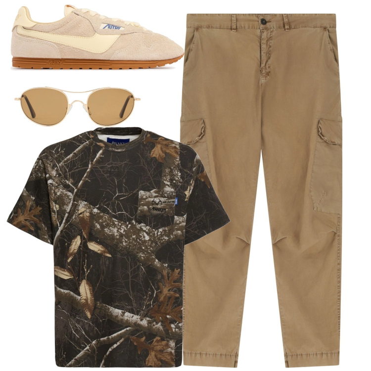 Outfit uomo - I colori della terra. Stile Casual per Tutti i giorni. Abbinamento con pantaloni cargo, occhiali da sole, sneakers, t-shirt.