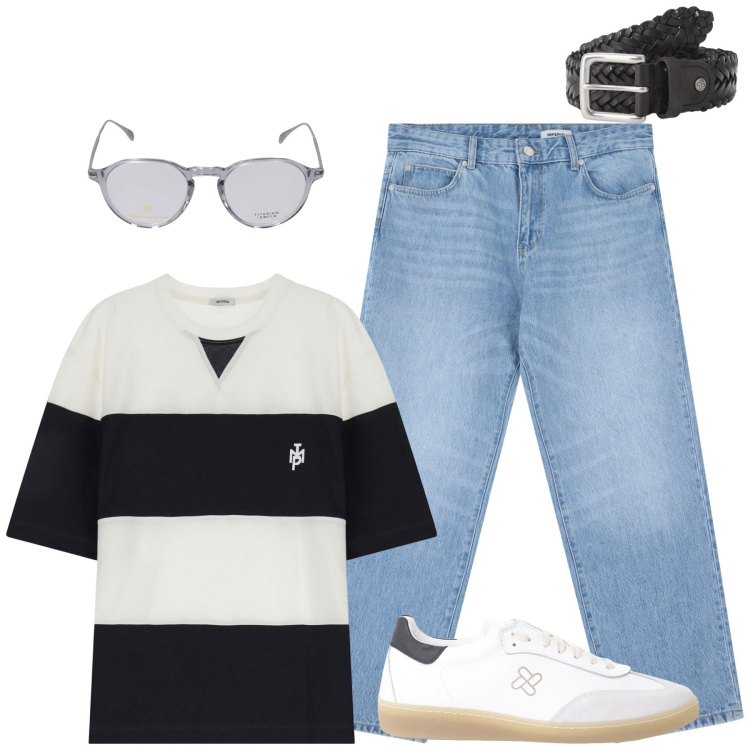 Outfit uomo - La t-shirt a righe. Stile Casual per Tutti i giorni. Abbinamento con jeans, t-shirt, cinture, sneakers, occhiali da sole.