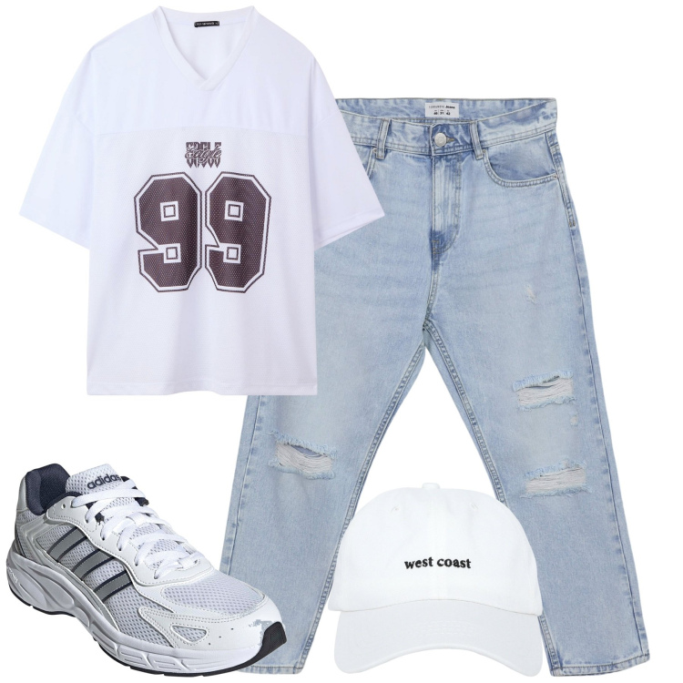 Outfit uomo - Maggio. Stile Casual per Tutti i giorni. Abbinamento con cappelli, t-shirt, jeans strappati, sneakers.
