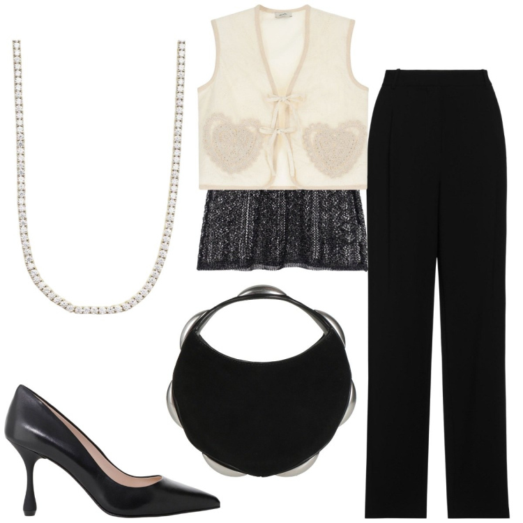 Outfit donna - Serata elegante. Stile Casual per Serata fuori. Abbinamento con pantaloni, borse a mano, collane, top, décolleté, gilet.