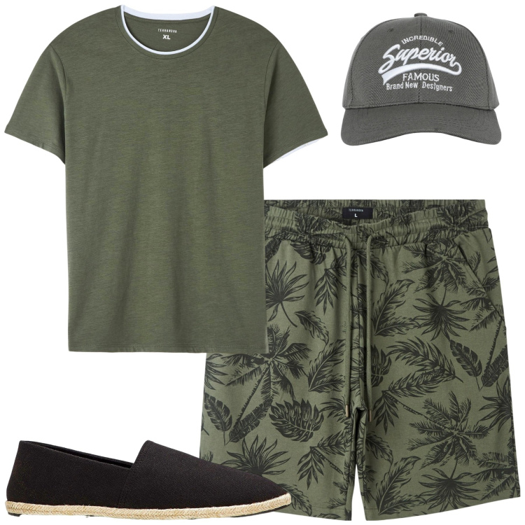 Outfit uomo - In vacanza. Stile Casual per Mare. Abbinamento con espadrillas, bermuda, t-shirt, cappelli con visiera.