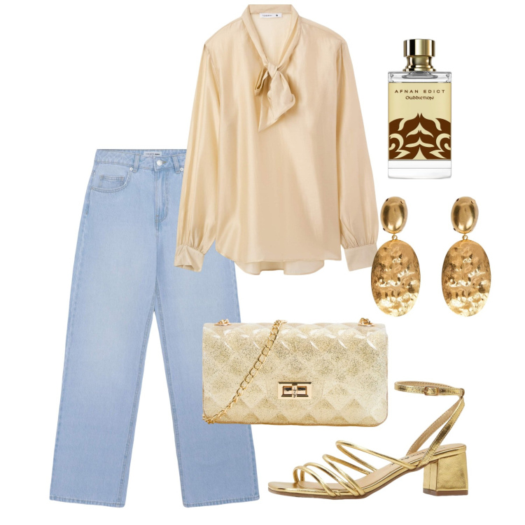 Outfit donna - Pomeriggio chic. Stile Chic per Tutti i giorni. Abbinamento con sandali col tacco, profumi, borse a tracolla, jeans, bluse, orecchini.