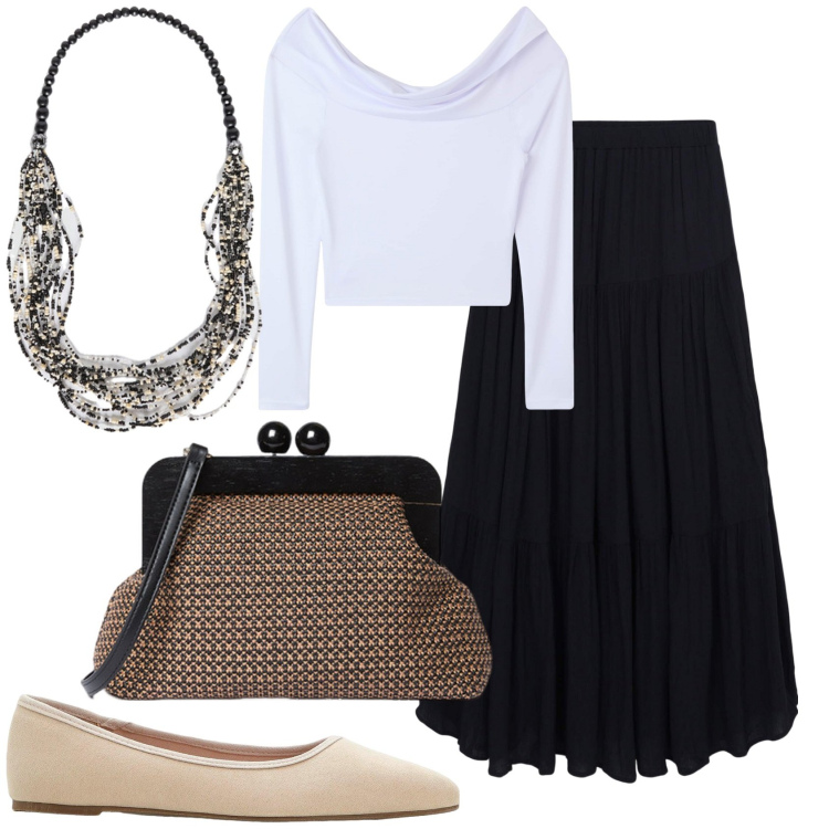Outfit donna - Simply chic. Stile Casual chic per Tutti i giorni. Abbinamento con ballerine, gonne lunghe, t-shirt, collane, clutch.
